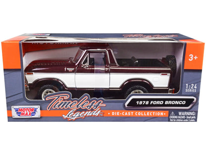1978 Ford Bronco Ranger XLT (Open Top) with Spare Tire Burgundy Metallic and White "Timeless Legends" Series 1/24 Diecast Model Car by Motormax  free shipping USA