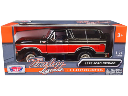 1978 Ford Bronco Ranger XLT with Spare Tire Black and Red "Timeless Legends" Series 1/24 Diecast Model Car by Motormax  free shipping USA