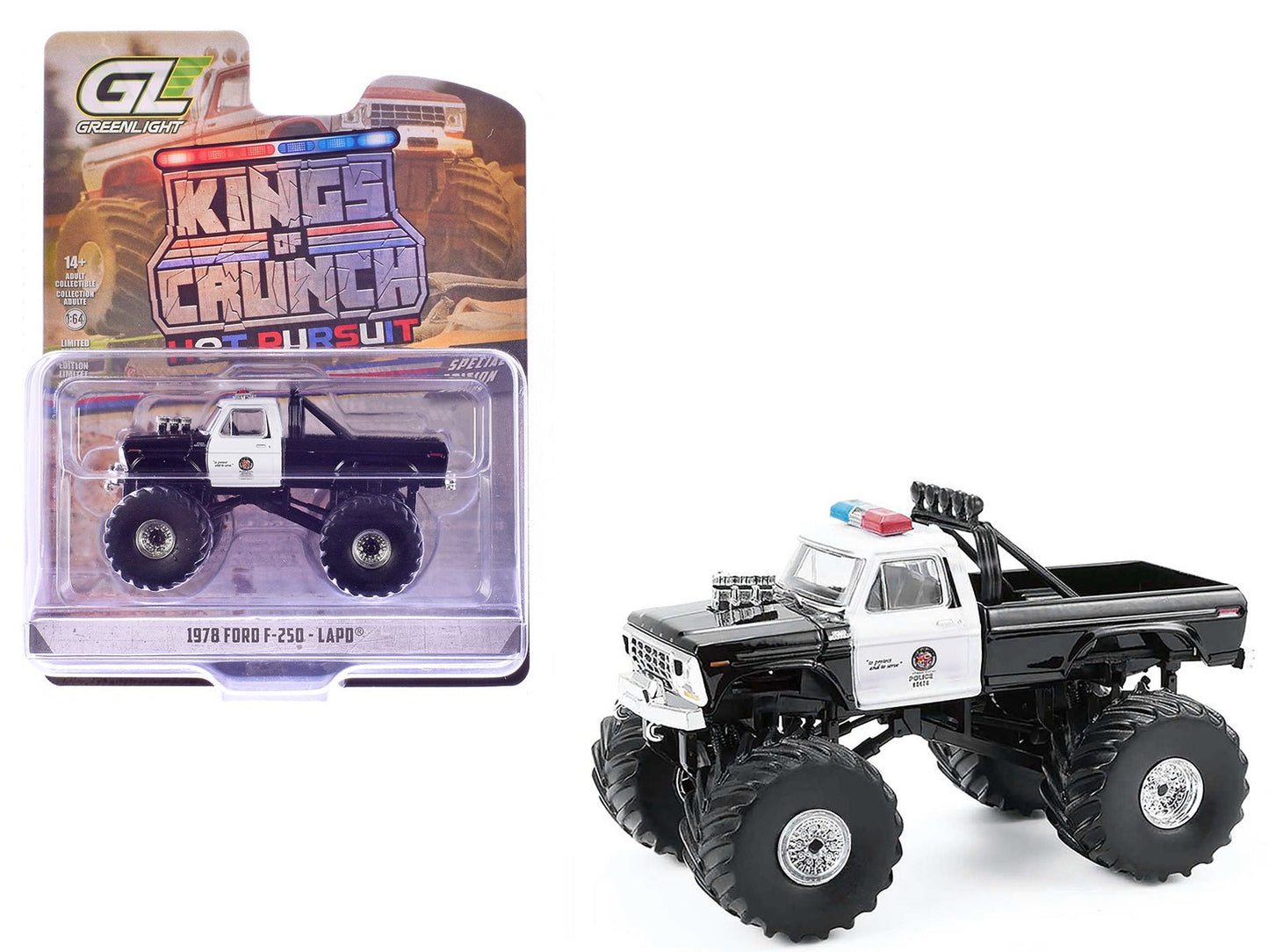 1978 Ford F-250 Monster Truck "LAPD (Los Angeles Police Department)" Black and White "Kings of Crunch - Hot Pursuit" Special Edition 1/64 Diecast Model Car by Greenlight  free shipping USA