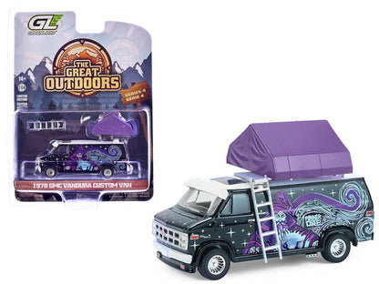 1978 GMC Vandura Custom Van Black with Wizard Graphics and White Top with Camp'otel Cartop Sleeper Tent "The Great Outdoors" Series 4 1/64 Diecast Model Car by Greenlight  free shipping USA
