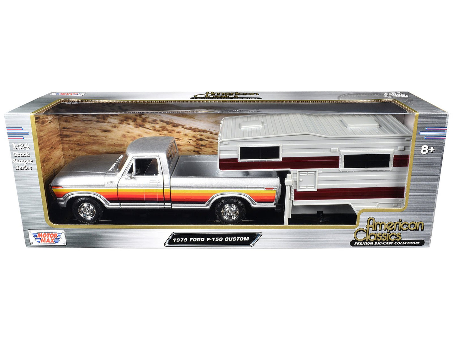 1979 Ford F-150 Custom Pickup Truck Silver Metallic with Side Stripes with Camper Shell "American Classics" Series 1/24 Diecast Model Car by Motormax  free shipping USA