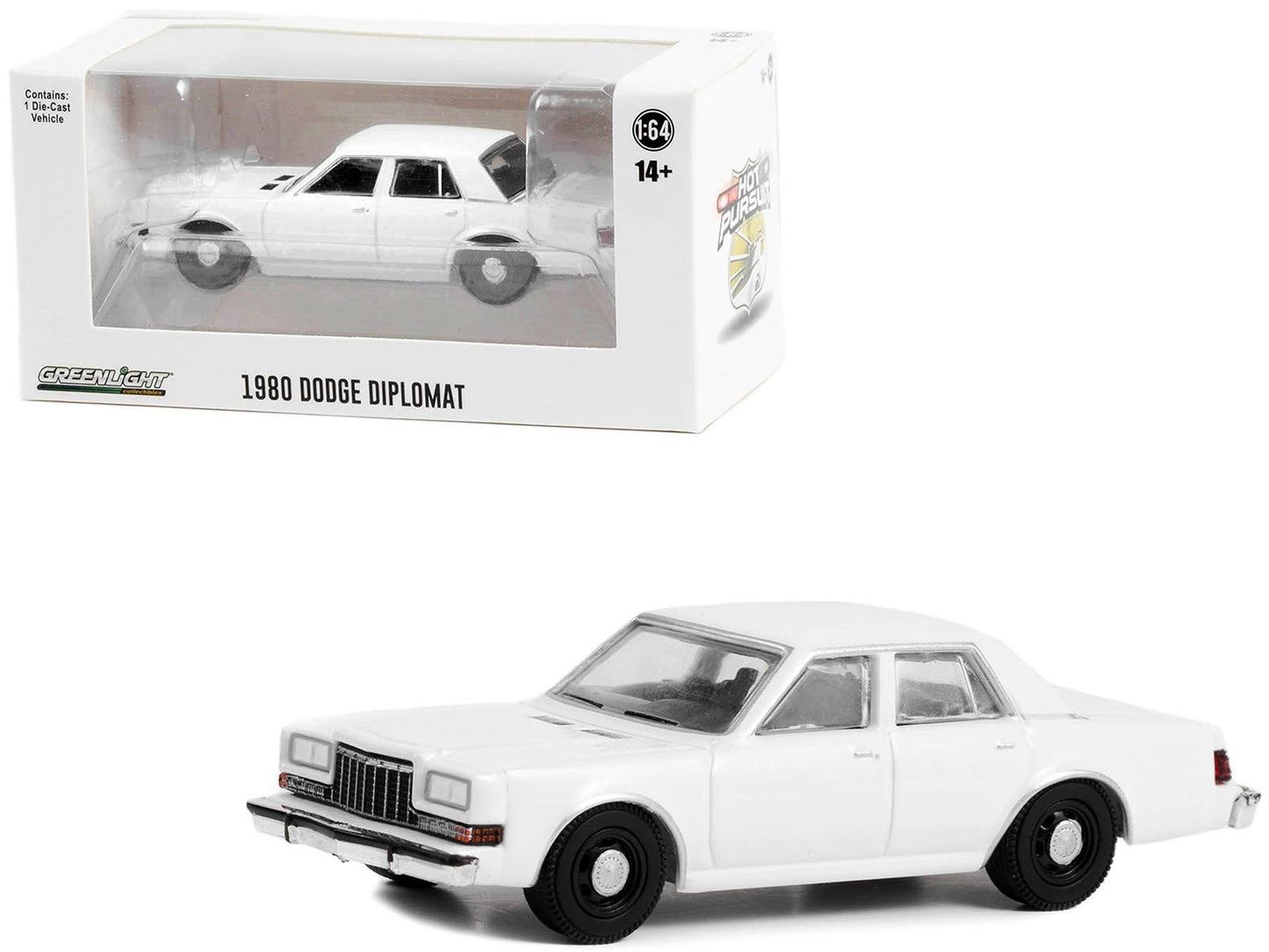 1980-1989 Dodge Diplomat Police Unmarked White "Hot Pursuit" "Hobby Exclusive" Series 1/64 Diecast Model Car by Greenlight  free shipping USA