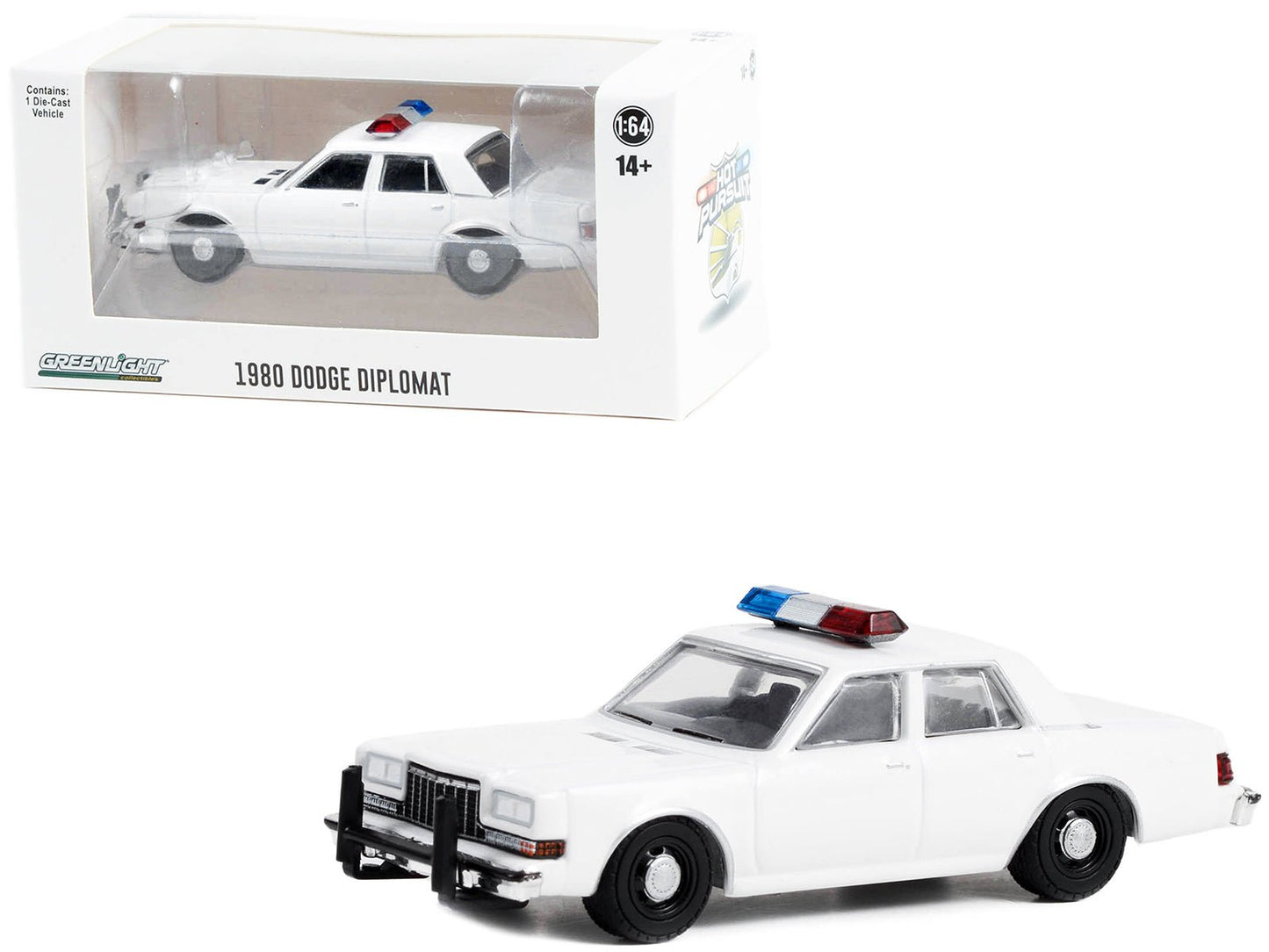 1980-1989 Dodge Diplomat Police Unmarked White with Light Bar "Hot Pursuit" "Hobby Exclusive" Series 1/64 Diecast Model Car by Greenlight  free shipping USA