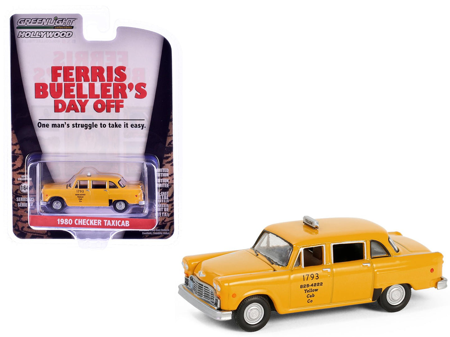 1980 Checker Taxicab "Yellow Cab Co. #1793" Yellow "Ferris Bueller's Day Off" (1986) Movie "Hollywood Series" Release 42 1/64 Diecast Model Car by Greenlight  free shipping USA