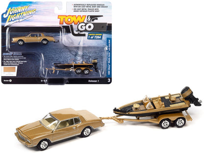 1980 Chevrolet Monte Carlo Light Camel Gold Metallic with Bass Boat and Trailer Limited Edition to 7264 pieces Worldwide "Tow & Go" Series 1/64 Diecast Model Car by Johnny Lightning  free shipping USA
