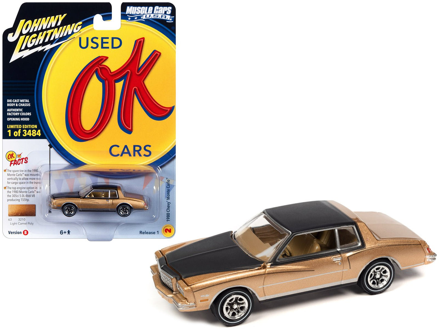 1980 Chevrolet Monte Carlo Light Camel Gold Metallic with Black Top and Hood Limited Edition to 3484 pieces Worldwide "OK Used Cars" 2023 Series 1/64 Diecast Model Car by Johnny Lightning  free shipping USA