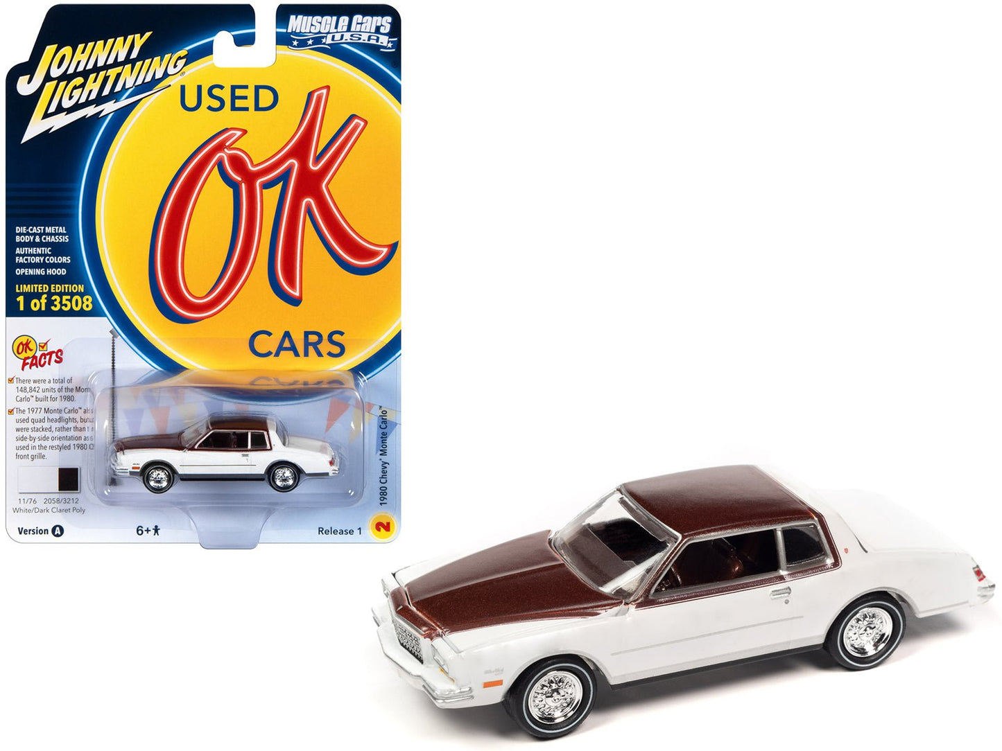 1980 Chevrolet Monte Carlo White and Dark Claret Brown Metallic Top and Hood Limited Edition to 3508 pieces Worldwide "OK Used Cars" 2023 Series 1/64 Diecast Model Car by Johnny Lightning  free shipping USA