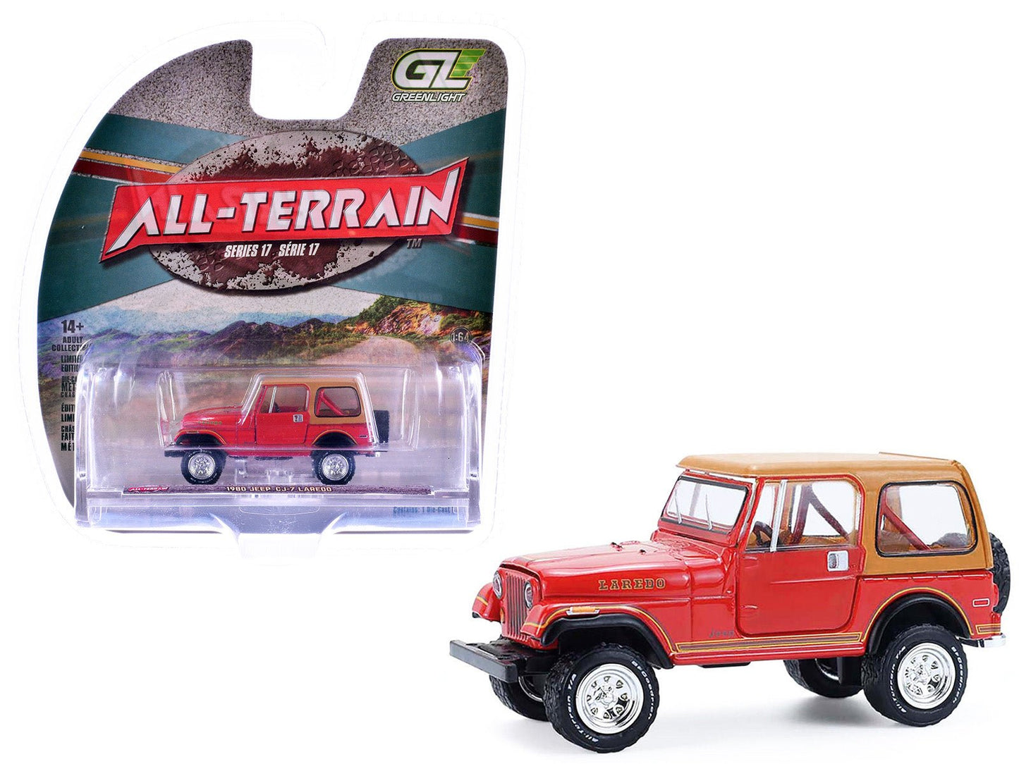 1980 Jeep CJ-7 Laredo Red with Tan Top "All Terrain" Series 17 1/64 Diecast Model Car by Greenlight  free shipping USA