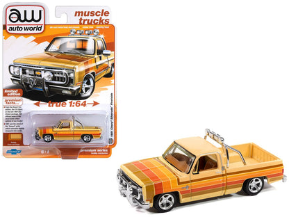 1981 Chevrolet Silverado Fleetside Pickup Truck Cream with Stripes "Hobby Exclusive" Series 1/64 Diecast Model Car by Auto World  free shipping USA