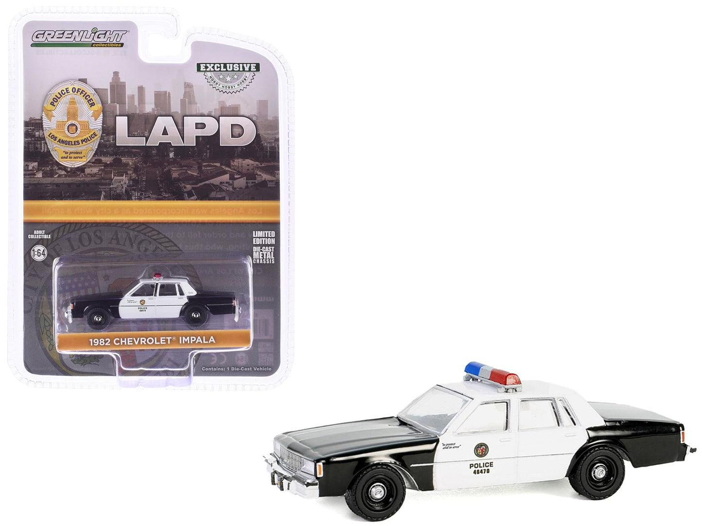 1982 Chevrolet Impala "LAPD (Los Angeles Police Department)" Black and White "Hobby Exclusive" Series 1/64 Diecast Model Car by Greenlight  free shipping USA