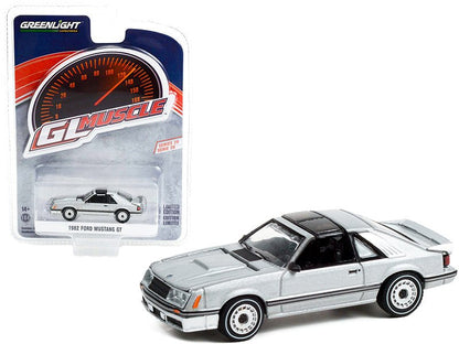 1982 Ford Mustang GT 5.0 Silver Metallic with Black Stripes "Greenlight Muscle" Series 26 1/64 Diecast Model Car by Greenlight  free shipping USA