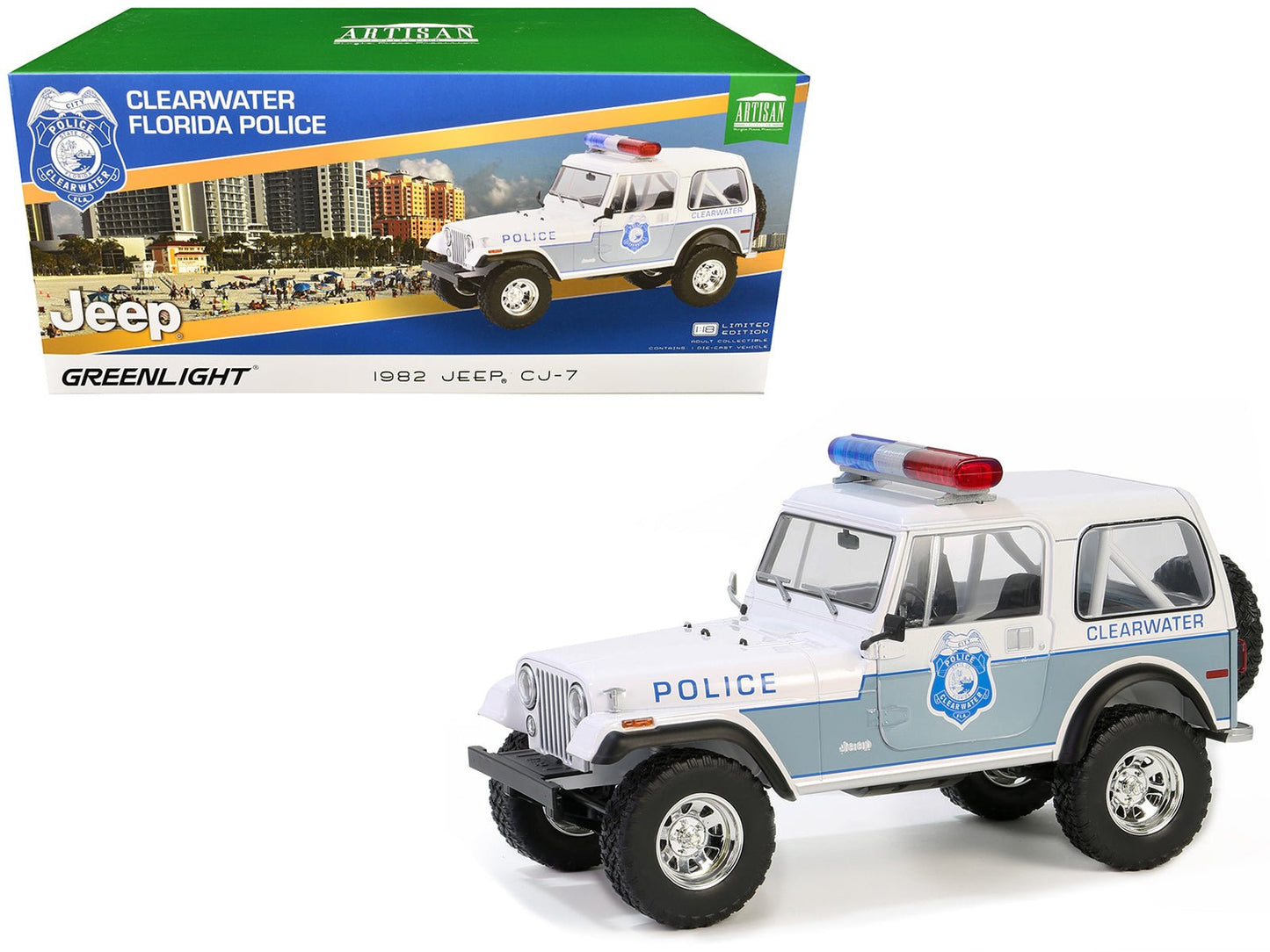 1982 Jeep CJ-7 "Clearwater Florida Police Department" White and Light Blue "Artisan Collection" Series 1/18 Diecast Model Car by Greenlight  free shipping USA
