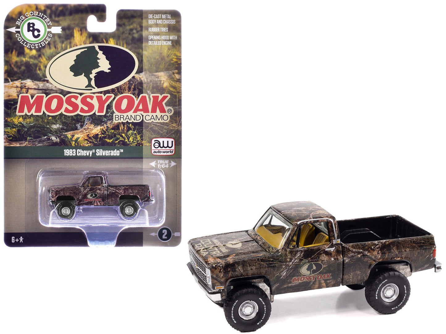 1983 Chevrolet Silverado Pickup Truck "Mossy Oak" Camouflage Livery "Big Country Collectibles" 2025 Series 1/64 Diecast Model Car by Auto World  free shipping USA