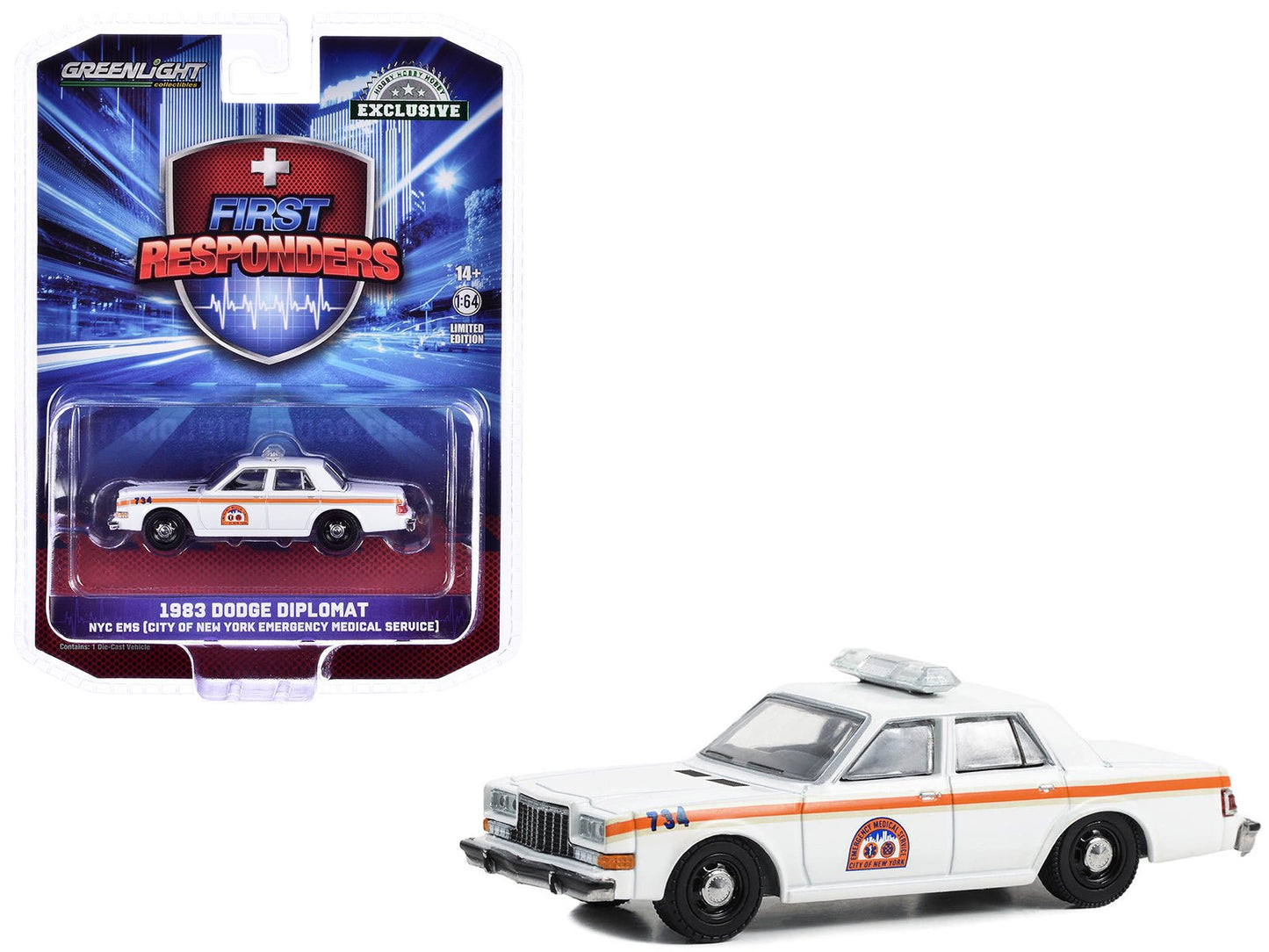 1983 Dodge Diplomat "NYC EMS (City of New York Emergency Medical Service)" White with Orange Stripes "First Responders - Hobby Exclusive" Series 1/64 Diecast Model Car by Greenlight  free shipping USA