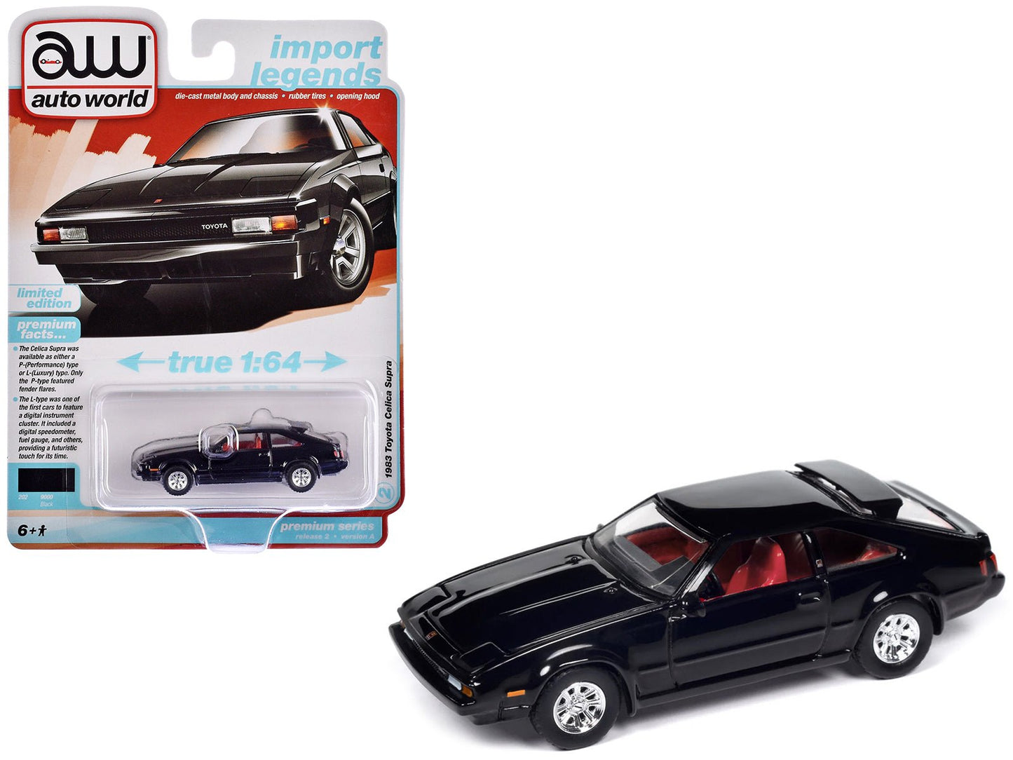 1983 Toyota Celica Supra Black with Red Interior "Import Legends" Series 1/64 Diecast Model Car by Auto World  free shipping USA