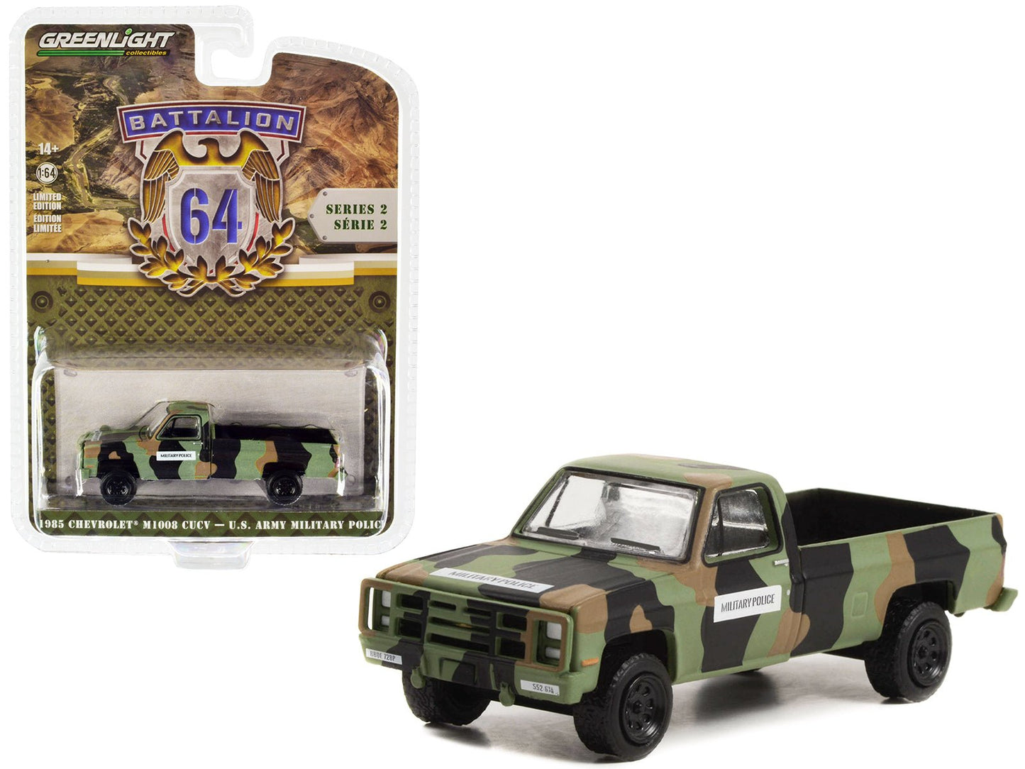 1985 Chevrolet M1008 CUCV Pickup Truck Camouflage "U.S. Army Military Police" "Battalion 64" Release 2 1/64 Diecast Model Car by Greenlight  free shipping USA