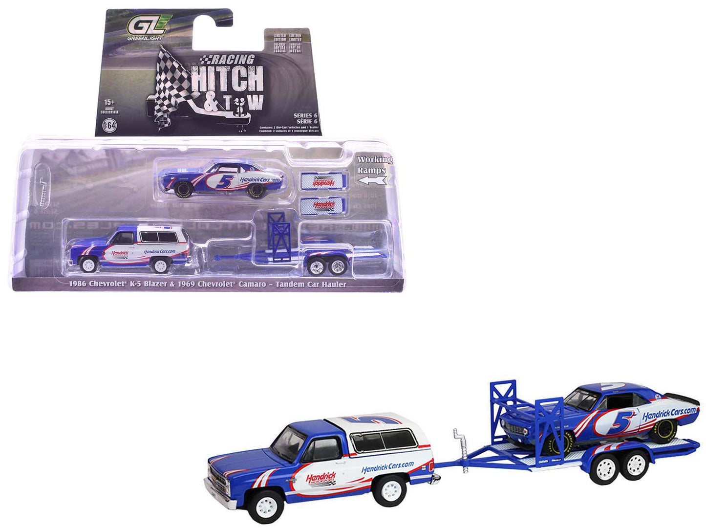 1986 Chevrolet K5 Blazer Blue and White and 1969 Chevrolet Camaro #5 Blue and White "Kyle Larson - Hendrick Motorsports" with Tandem Car Trailer "Racing Hitch & Tow" Series 6 1/64 Diecast Model Cars by Greenlight  free shipping USA
