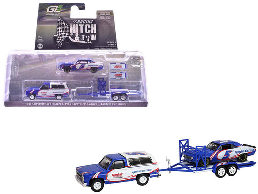1986 Chevrolet K5 Blazer Blue and White and 1969 Chevrolet Camaro #5 Blue and White "Kyle Larson - Hendrick Motorsports" with Tandem Car Trailer "Racing Hitch & Tow" Series 6 1/64 Diecast Model Cars by Greenlight  free shipping USA