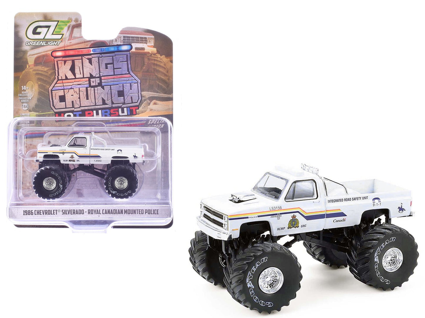 1986 Chevrolet Silverado Monster Truck "Royal Canadian Mounted Police" White with Stripes "Kings of Crunch - Hot Pursuit" Special Edition 1/64 Diecast Model Car by Greenlight  free shipping USA