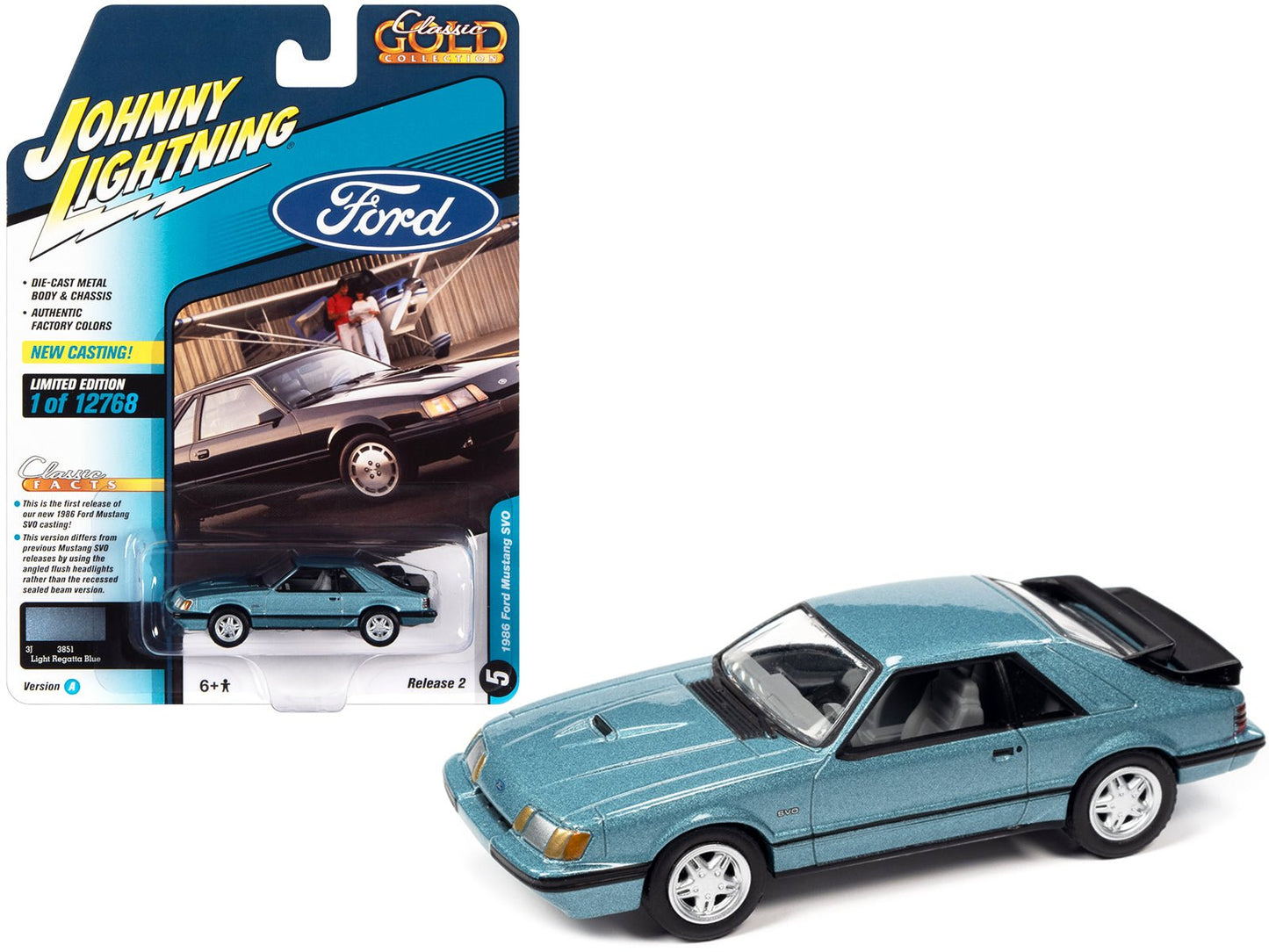 1986 Ford Mustang SVO Light Regatta Blue Metallic with Black Stripes "Classic Gold Collection" Series Limited Edition to 12768 pieces Worldwide 1/64 Diecast Model Car by Johnny Lightning  free shipping USA