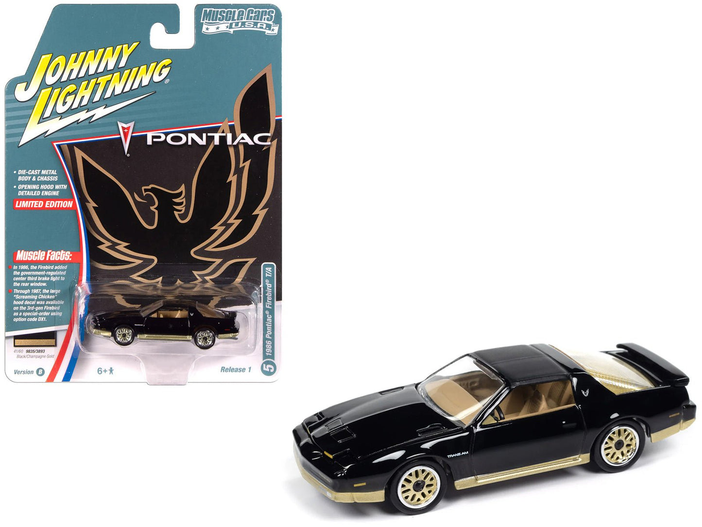 1986 Pontiac Firebird T/A Black with Champagne Gold Accents "Muscle Cars USA" Series 1/64 Diecast Model Car by Johnny Lightning  free shipping USA
