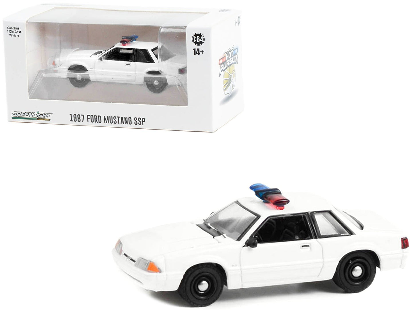 1987-1993 Ford Mustang SSP White Police Car with Light Bar "Hot Pursuit" "Hobby Exclusive" Series 1/64 Diecast Model Car by Greenlight  free shipping USA