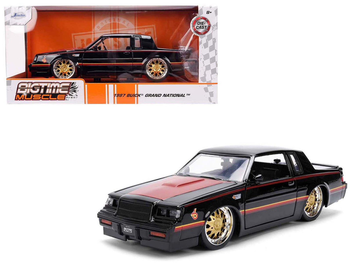 1987 Buick Grand National Black with Matt Red Hood and Stripes "Bigtime Muscle" Series 1/24 Diecast Model Car by Jada  free shipping USA