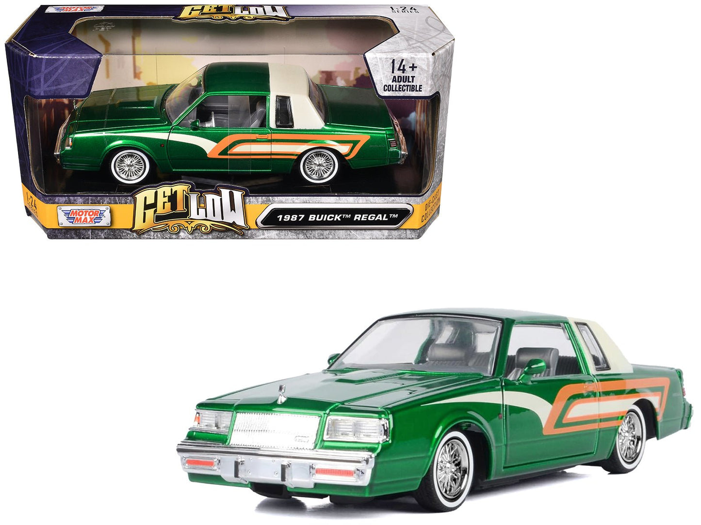 1987 Buick Regal 3.8 SFI Turbo Green Metallic and Cream with Graphics "Get Low" Series 1/24 Diecast Model Car by Motormax  free shipping USA