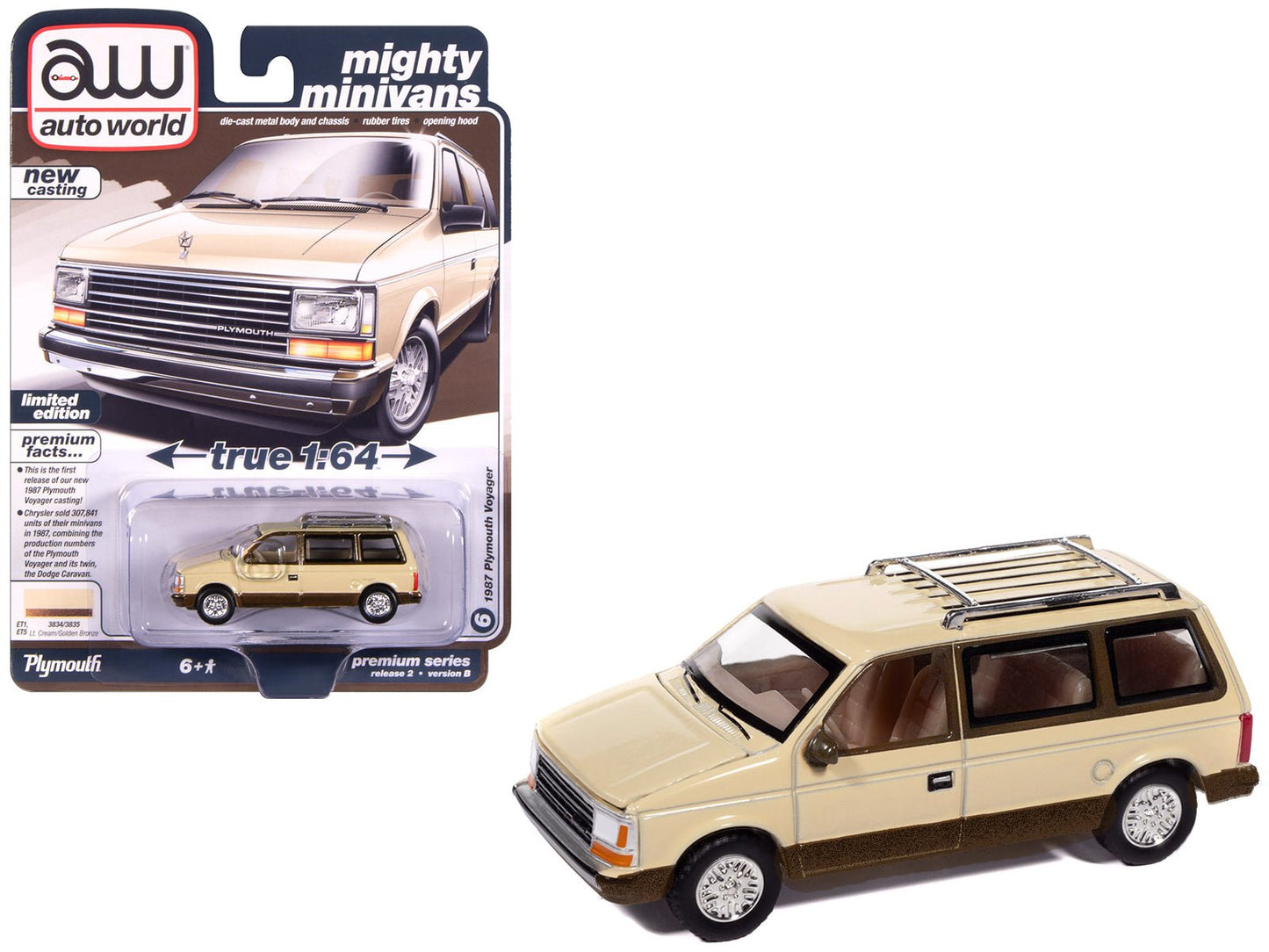 1987 Plymouth Voyager Van Light Cream and Golden Bronze Metallic 2-Tone "Mighty Minivans" Series 1/64 Diecast Model Car by Auto World  free shipping USA