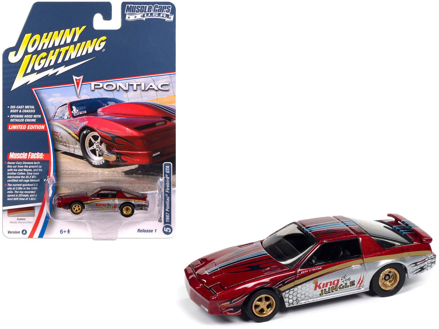1987 Pontiac Firebird GTA "King of the Jungle" Red and Silver Metallic with Graphics "Muscle Cars USA" Series 1/64 Diecast Model Car by Johnny Lightning  free shipping USA