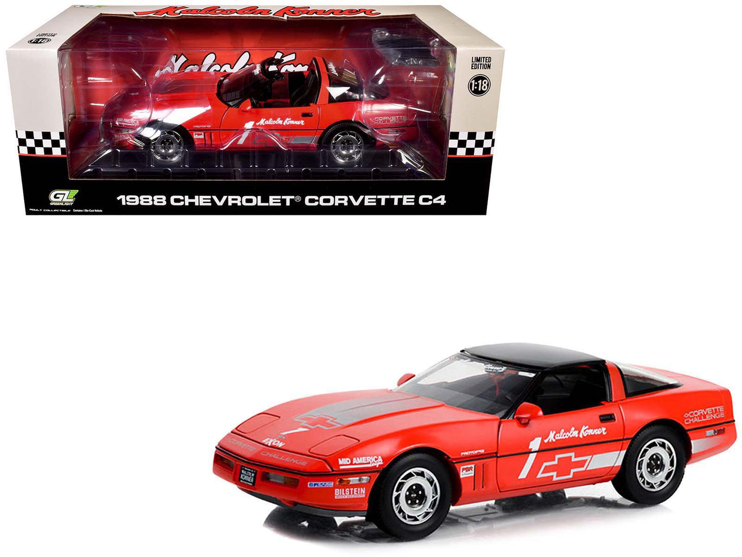 1988 Chevrolet Corvette C4 #1 Malcolm Konner "Corvette Challenge Race Car" Red with Black Top 1/18 Diecast Model Car by Greenlight  free shipping USA