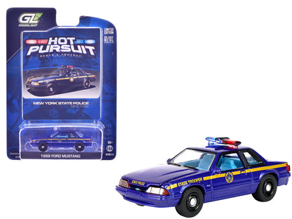 1988 Ford Mustang "New York State Police" Blue with Yellow Stripes and Blue Interior "Hot Pursuit" Series 8 1/64 Diecast Model Car by Greenlight  free shipping USA