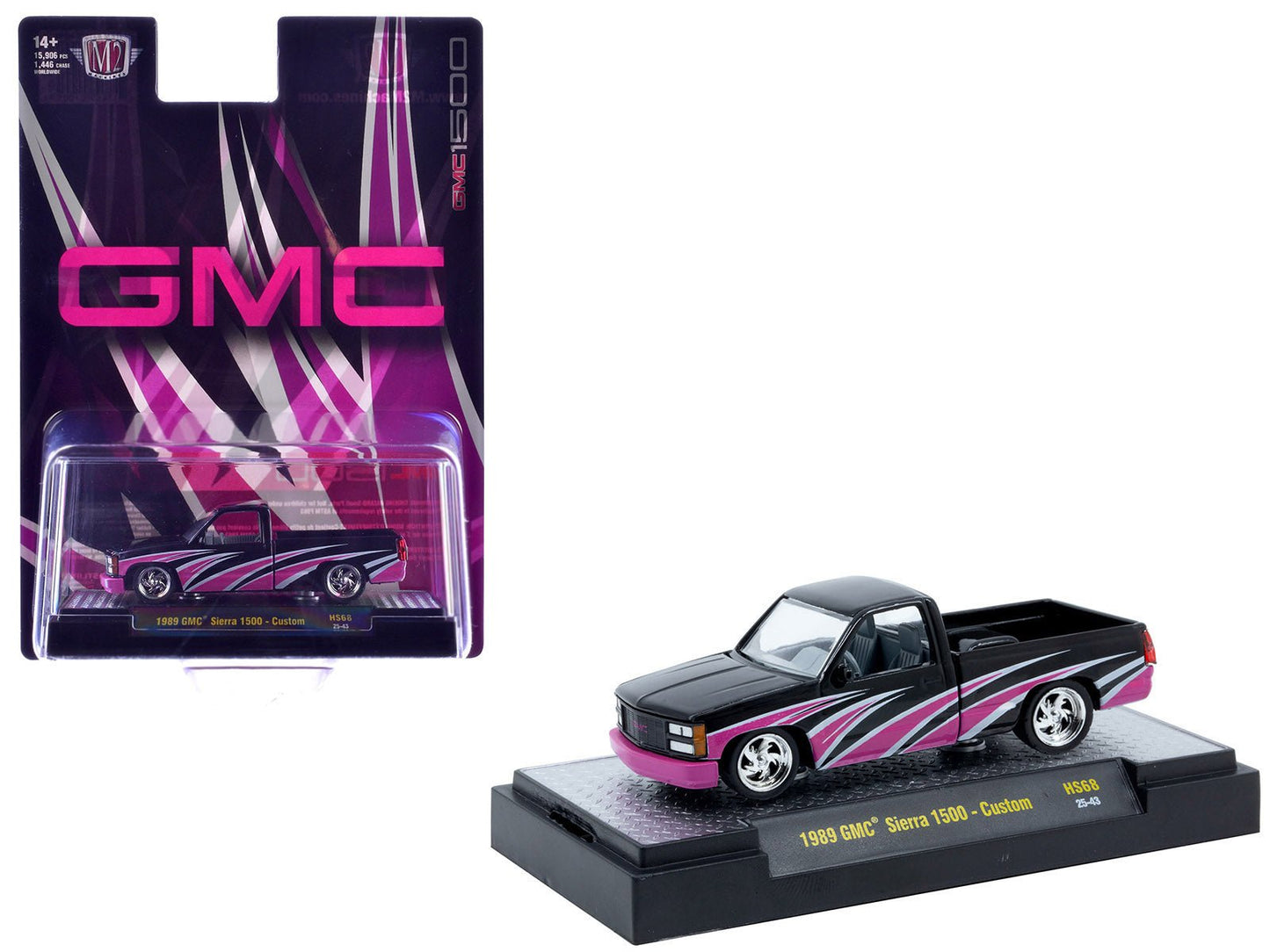 1989 GMC Sierra 1500 Custom Pickup Truck Black with Pink and White Graphics Limited Edition to 15906 pieces Worldwide 1/64 Diecast Model Car by M2 Machines  free shipping USA