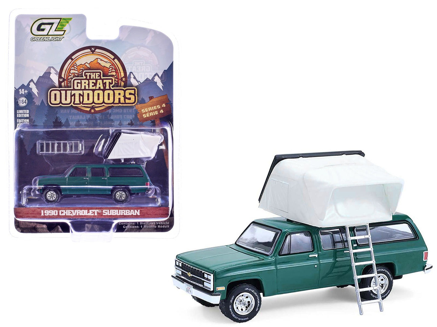 1990 Chevrolet Suburban Green with Modern Rooftop Camper "The Great Outdoors" Series 4 1/64 Diecast Model Car by Greenlight  free shipping USA