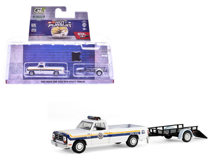 1990 Dodge Ram D250 Pickup Truck "Philadelphia PA Police Department" White with Stripes and Utility Trailer "Hot Pursuit Hitch & Tow" Series 1 1/64 Diecast Model Cars by Greenlight  free shipping USA