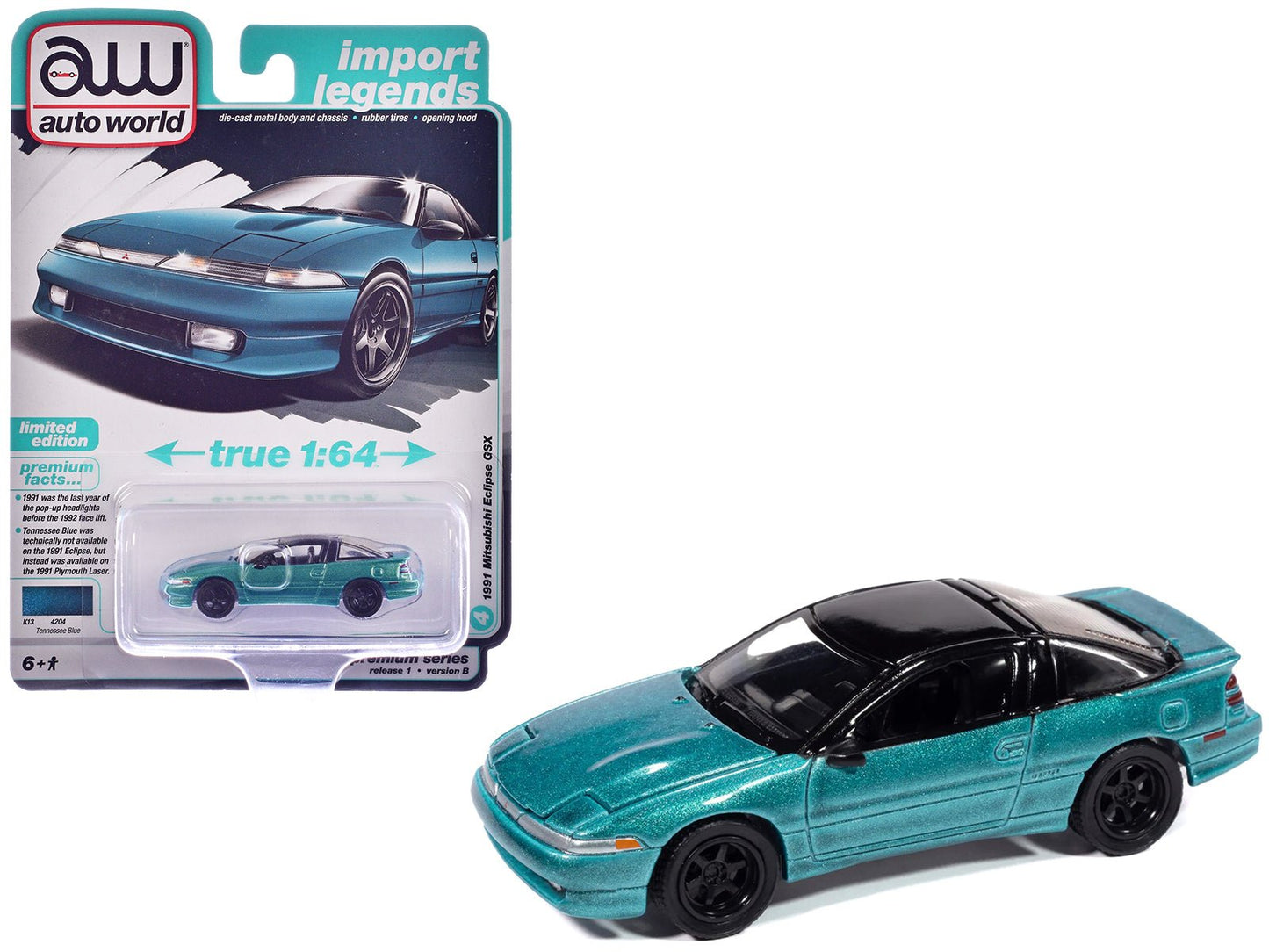 1991 Mitsubishi Eclipse GSX Tennessee Blue Metallic with Black Top "Import Legends" Series 1/64 Diecast Model Car by Auto World  free shipping USA