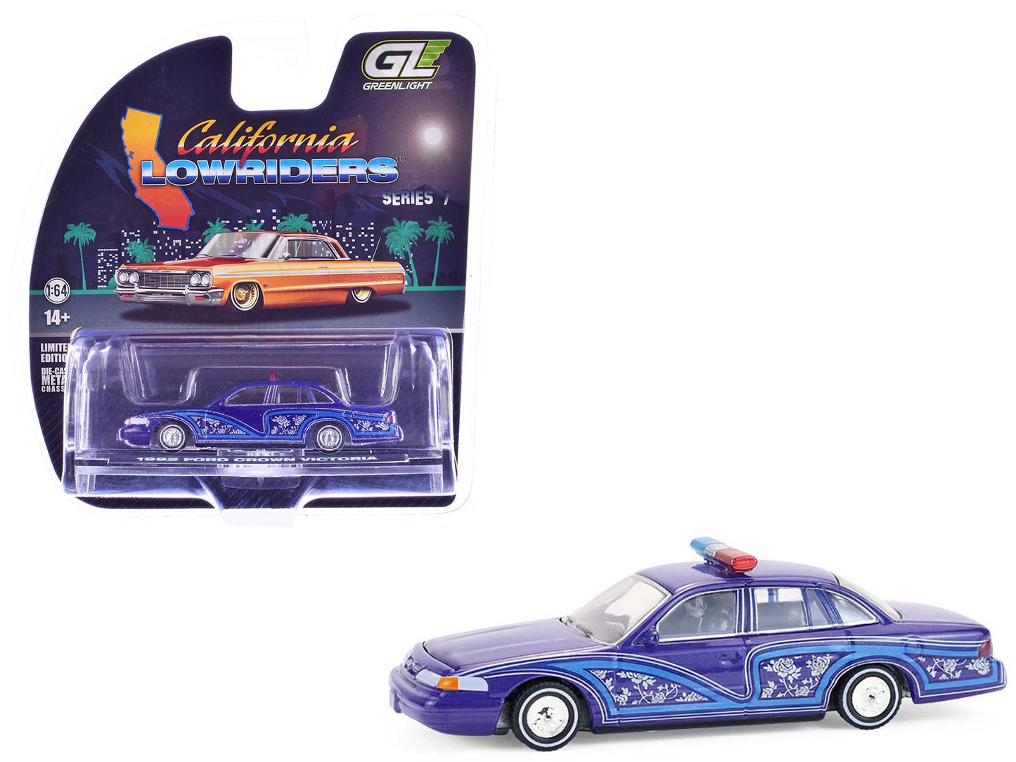 1992 Ford Crown Victoria Lowrider Blue with Graphics and Lightbar "California Lowriders" Series 7 1/64 Diecast Model Car by Greenlight  free shipping USA