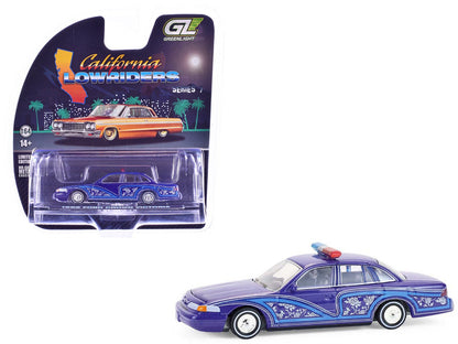 1992 Ford Crown Victoria Lowrider Blue with Graphics and Lightbar "California Lowriders" Series 7 1/64 Diecast Model Car by Greenlight  free shipping USA