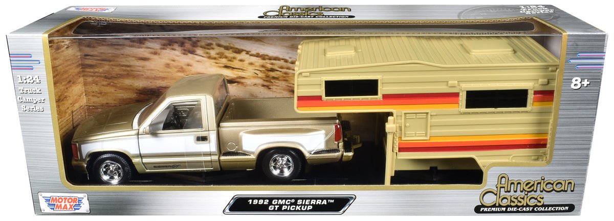 1992 GMC Sierra GT Pickup Truck Gold Metallic with White Sides with Camper Shell "American Classics" Series 1/24 Diecast Model Car by Motormax  free shipping USA