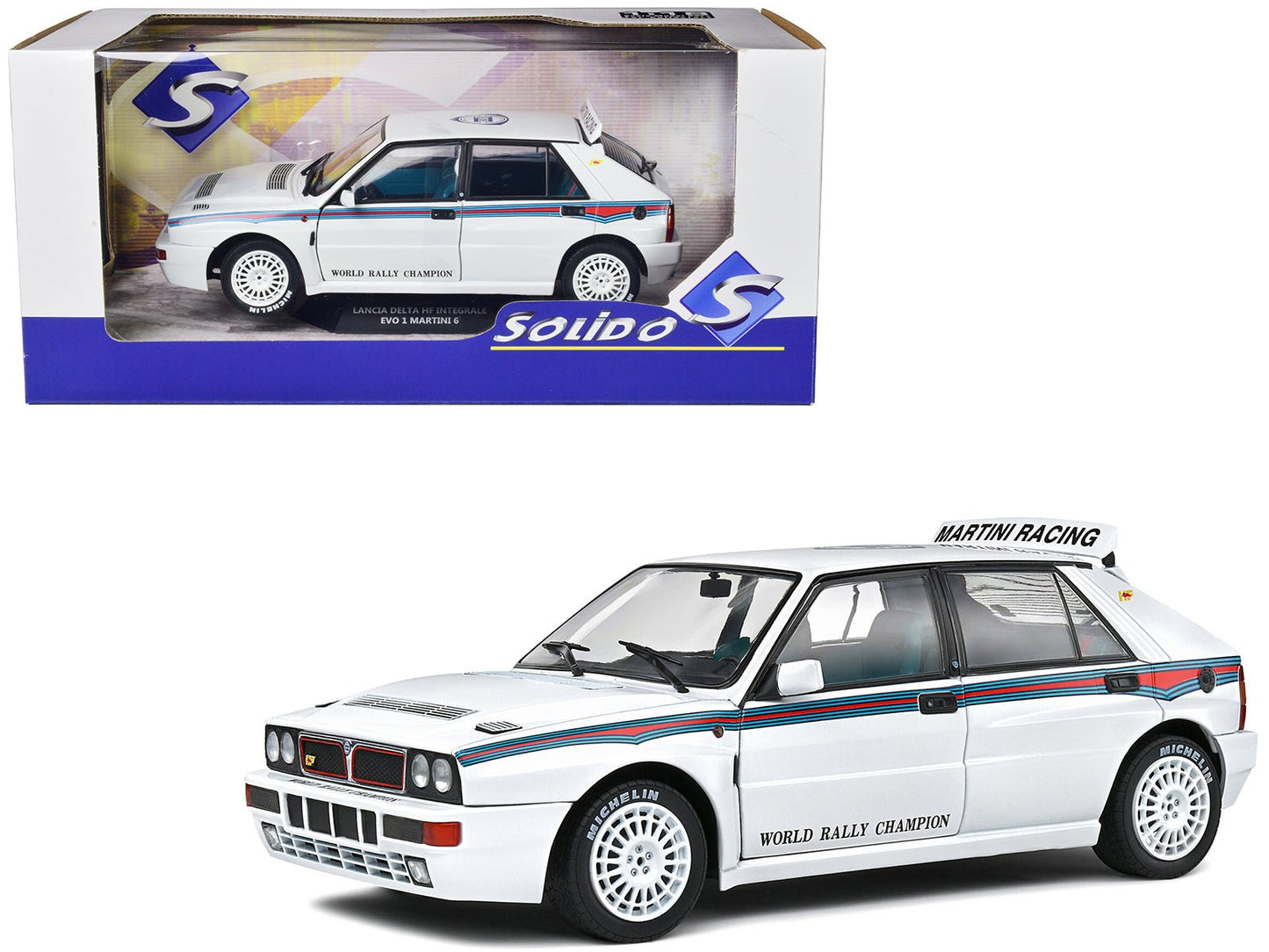 1992 Lancia Delta HF Integrale Evo 1 Martini 6 White with Blue and Red Stripes "World Rally Champion - Martini Racing" 1/18 Diecast Model Car by Solido  free shipping USA