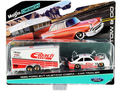 1993 Ford SVT Mustang Cobra #17 with Enclosed Car Trailer "Eibach" White with Red Stripes "Tow & Go" Series 1/64 Diecast Model Cars by Maisto  free shipping USA