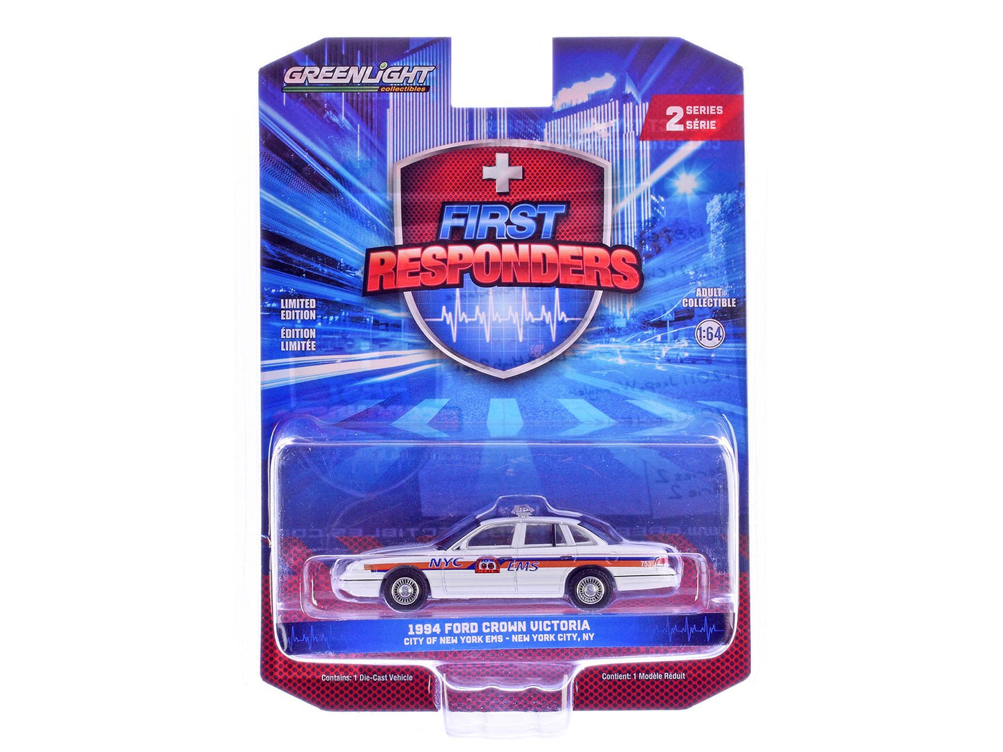 1994 Ford Crown Victoria "NYC EMS (City of New York Emergency Medical Service)" White with Blue and Red Stripes "First Responders" Series 2 1/64 Diecast Model Car by Greenlight  free shipping USA