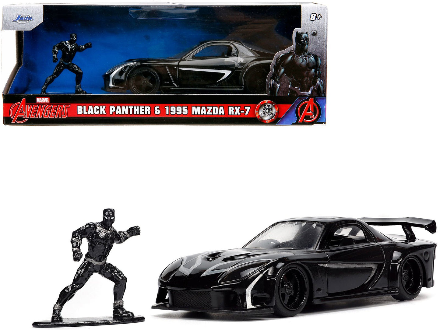 1995 Mazda RX-7 RHD (Right Hand Drive) Black and Black Panther Diecast Figure "The Avengers" "Hollywood Rides" Series 1/32 Diecast Model Car by Jada  free shipping USA