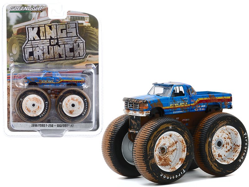 1996 Ford F-250 Monster Truck "Bigfoot #7" Blue (Dirty Version) "Kings of Crunch" Series 7 1/64 Diecast Model Car by Greenlight  free shipping USA