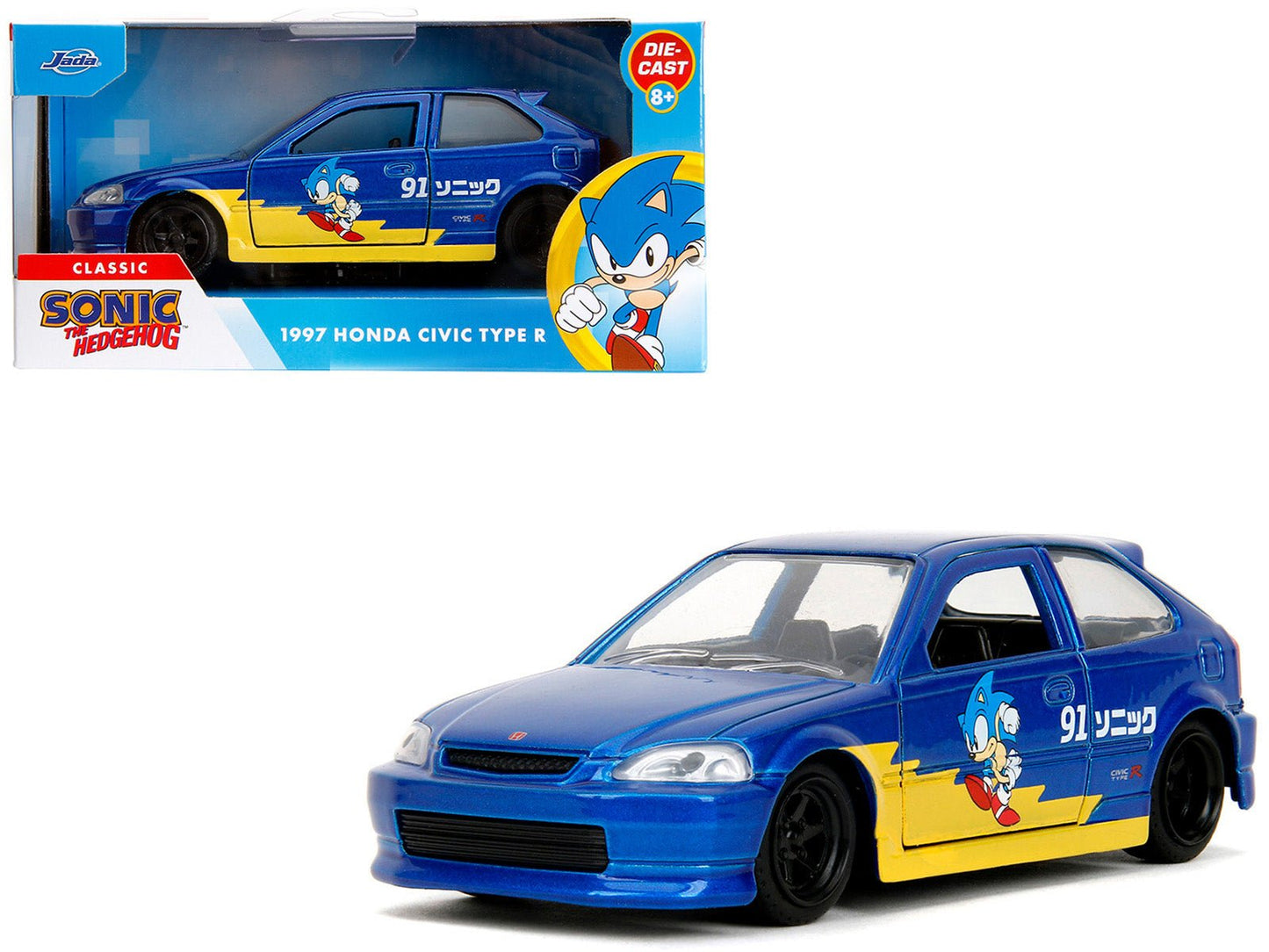 1997 Honda Civic Type R Blue Metallic with Graphics "Sonic the Hedgehog" (1991) Video Game "Hollywood Rides" Series 1/32 Diecast Model Car by Jada  free shipping USA