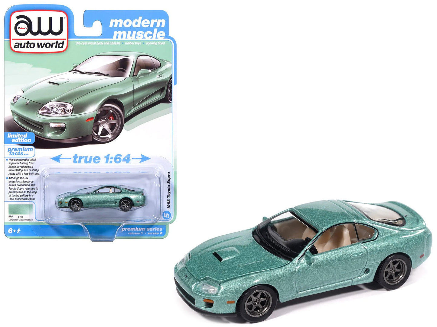 1998 Toyota Supra Caribbean Green Metallic "Modern Muscle" Series 1/64 Diecast Model Car by Auto World  free shipping USA