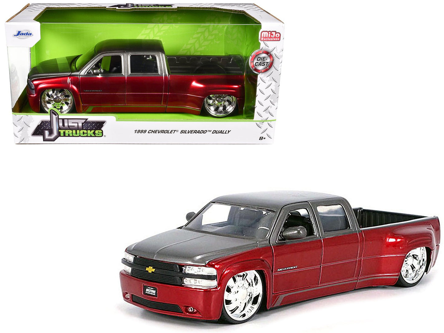 1999 Chevrolet Silverado Dually Pickup Truck Red Metallic and Gray with Custom KMC Wheels "Just Trucks" Series 1/24 Diecast Model Car by Jada  free shipping USA