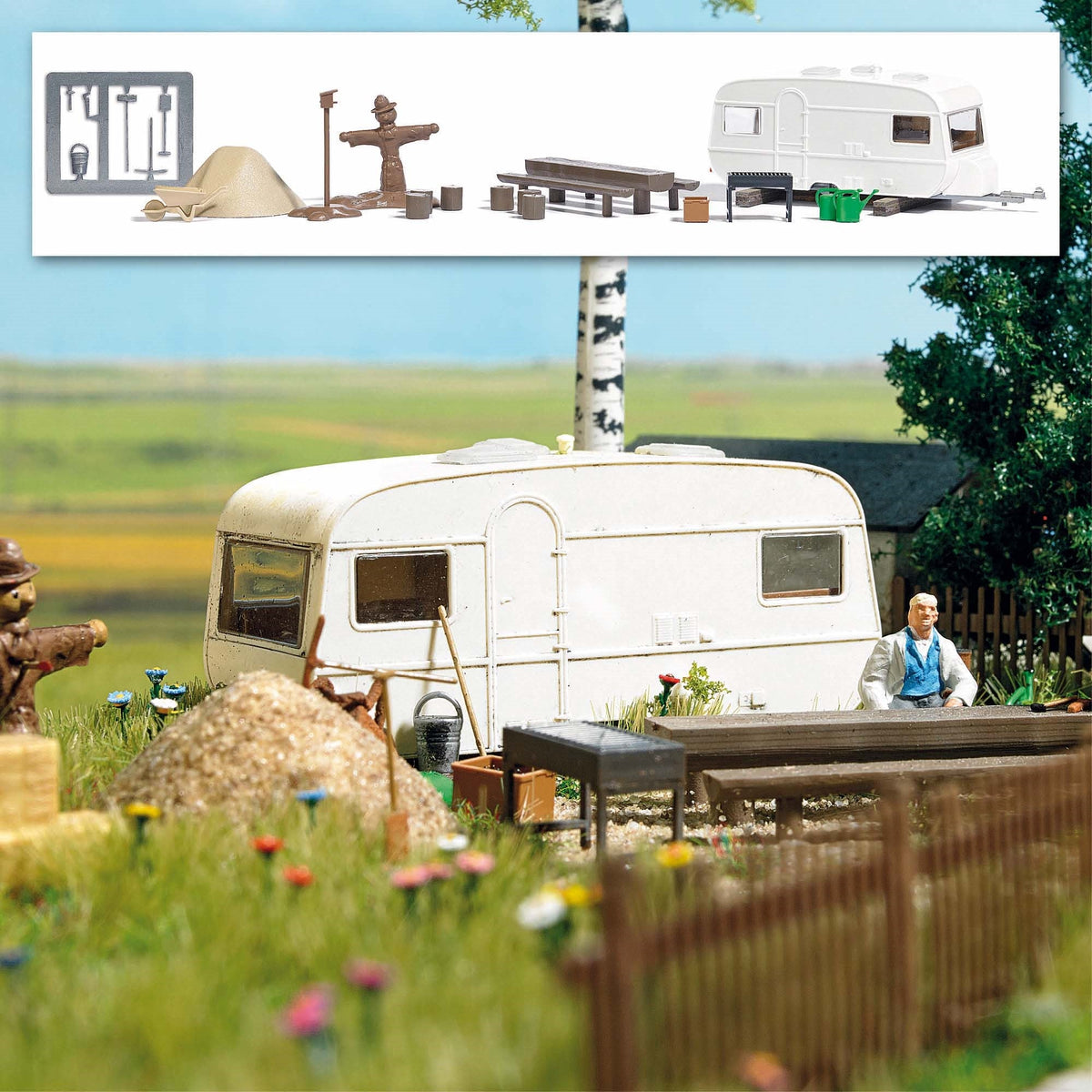 Busch 6050 HO Scale Permanent Camper Trailer Scene Kit