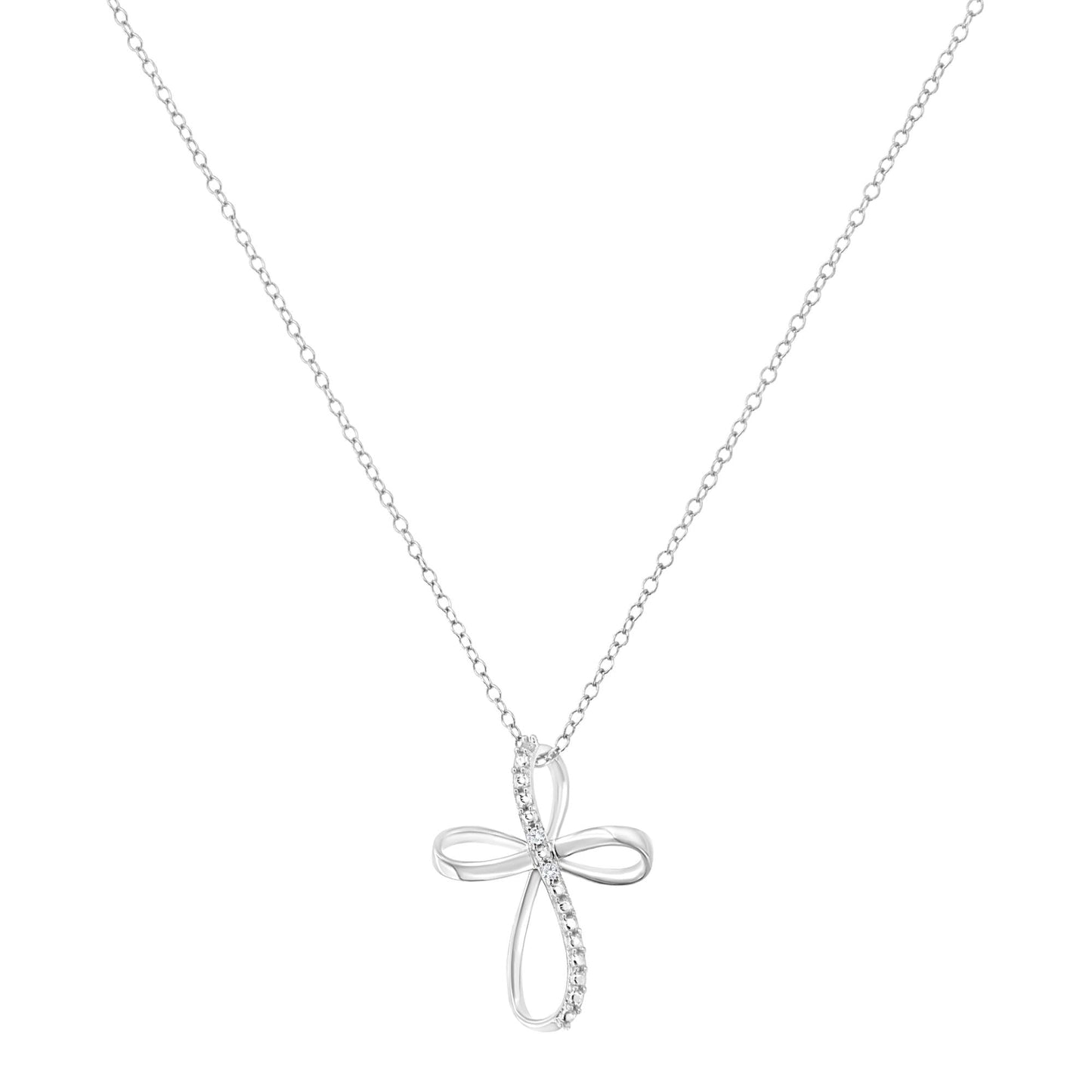 .925 Sterling Silver Diamond Accent Cross Ribbon 18" Pendant Necklace (I-J Color, I2-I3 Clarity) by Infinite Jewels