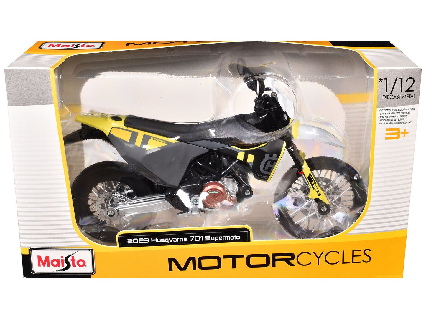 2023 Husqvarna 701 Supermoto Motorcycle Matt Black and Gray with Yellow and White Accents 1/12 Diecast Motorcycle Model by Maisto  free shipping USA